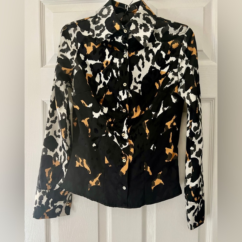 Roberto Cavalli Leopard Abstract Black White Silver Tan Fitted Blouse XS S EUC